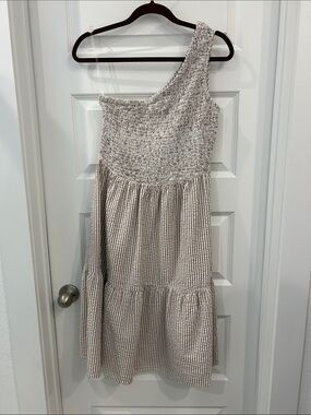 One-Shoulder Smocked Midi Dress in Taupe Stripe